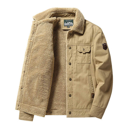 Campera Hombre Dublin con forro térmico sherpa, estilo urbano, ideal para el frío, color beige, cierre de botones metálicos.