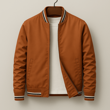 Campera Hombre Casual Premium Madrid de nylon resistente, cuello acanalado, doble bolsillo, cierre cremallera, color marrón.