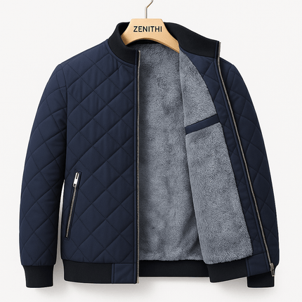 Campera Hombre acolchada, azul, con forro polar suave, ideal para clima frío. Material resistente viento y abrigo térmico.