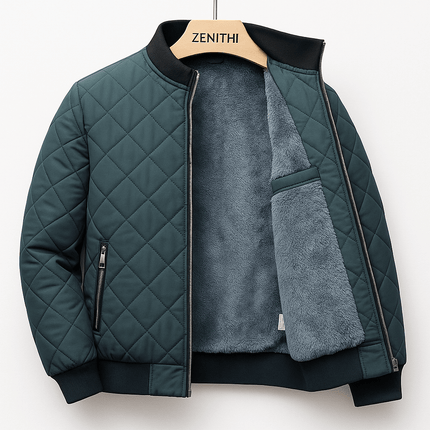 Campera Hombre acolchada azul con interior polar gris, ideal para el frío, material exterior de poliéster de alta densidad.