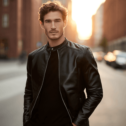 Hombre vistiendo campera de cuero genuino Leon, estilo clásico y elegante, ideal para ocasiones formales y casuales.