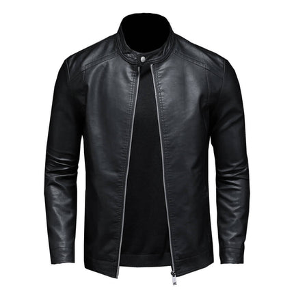 Campera Hombre en cuero genuino negra, diseño clásico con cierre frontal y cuello redondo, perfecta para estilo y confort.