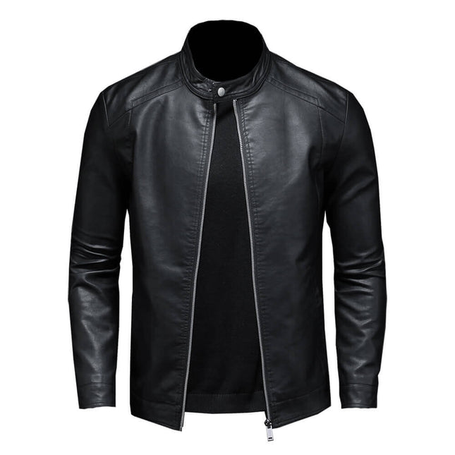 Campera Hombre en cuero genuino negra, diseño clásico con cierre frontal y cuello redondo, perfecta para estilo y confort.