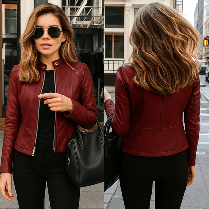 Campera de cuero Isadora en mujer con look urbano. Campera Mujer elegancia y estilo moderno en cuero genuino color borgoña.