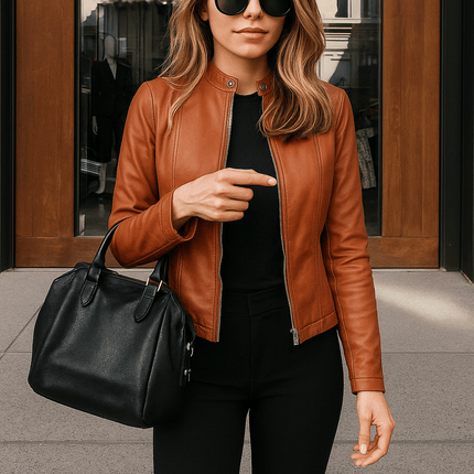 Campera de cuero Isadora, estilo moderno y sofisticado para mujer, ideal para look urbano con jeans o atuendos formales.