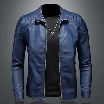 Campera de cuero slim azul para hombres con cierre y diseño moderno, ideal para un look imponente en la ciudad. Campera Hombre.