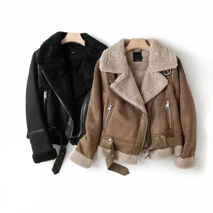 Campera de gamuza mujer estilo biker en negro y marrón, corte oversize con interior de lana, ideal para moda urbana femenina.