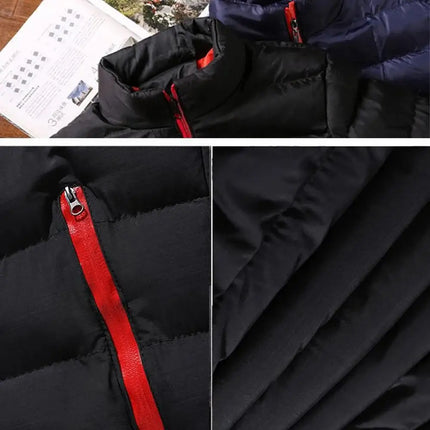 Campera LightPuff negra con cremallera roja, diseño moderno acolchado ideal para hombre joven. Campera Hombre estilo casual y cómoda.