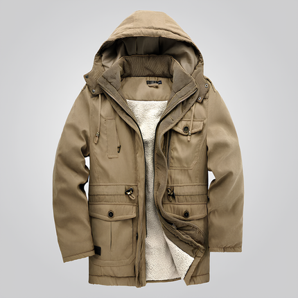 Campera Hombre, soporte térmico hasta 0 °C, interior afelpado, material respirable, diseño moderno, color beige. Ideal para clima frío.