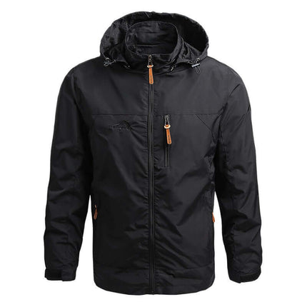Campera rompeviento militar impermeable negra para hombre, ideal para actividades al aire libre y estilo urbano.