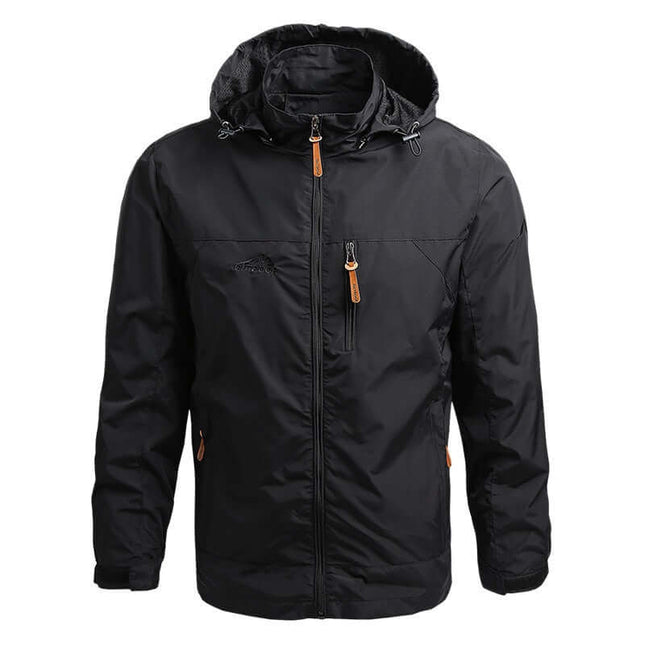 Campera rompeviento militar impermeable negra para hombre, ideal para actividades al aire libre y estilo urbano.