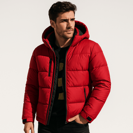 Campera térmica Urban Warm para hombre en rojo, con plumón y capucha desmontable, diseño moderno. Ideal para el invierno.