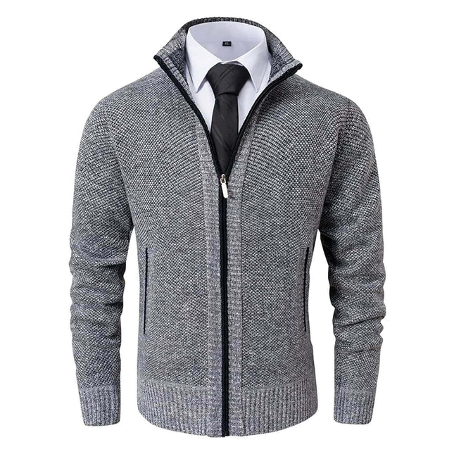 Campera Hombre tejido gris con cierre, ideal para ejecutivos. Cardigan elegante para hombre, estilo clásico.