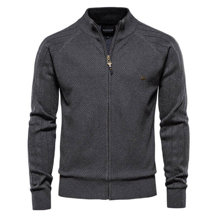 Campera hombre Leon, tejido fino en algodón y acrílico, diseño geométrico, cierre metálico y terminaciones acanaladas para ajuste perfecto.