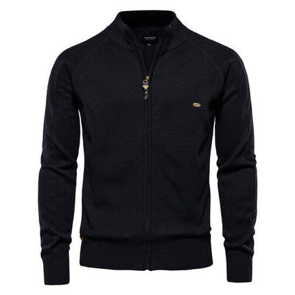 Campera Hombre de tejido de punto fino, diseño geométrico en relieve, cierre metálico, material algodón acrílico, color oscuro.