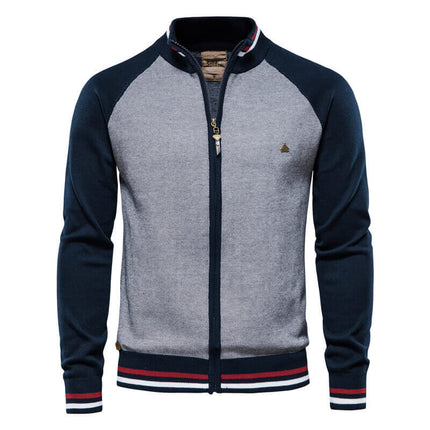 Campera Hombre Cardigan Madrid en azul y gris, diseño moderno con cierre frontal, ideal para un estilo casual elegante.