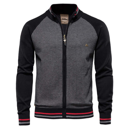 Campera Hombre "Cardigan - Madrid" en gris y negro, diseño moderno con cierre frontal, ideal para moda de otoño e invierno.