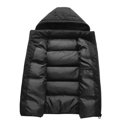 Chaleco ThermoShield para hombre, sin mangas, negro, con capucha desmontable, ideal para invierno. Campera hombre térmica y moderna.