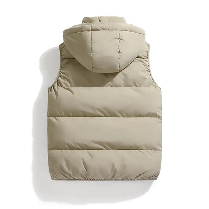 Chaleco ThermoShield sin mangas con capucha desmontable, ideal para hombre. Diseño moderno, calidez y movilidad. Campera Hombre.