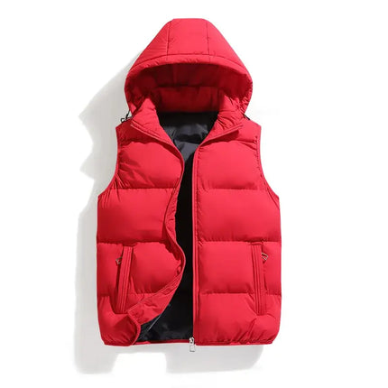 Chaleco ThermoShield rojo para hombre, sin mangas, con capucha desmontable, ideal para climas fríos. Campera Hombre moderna.