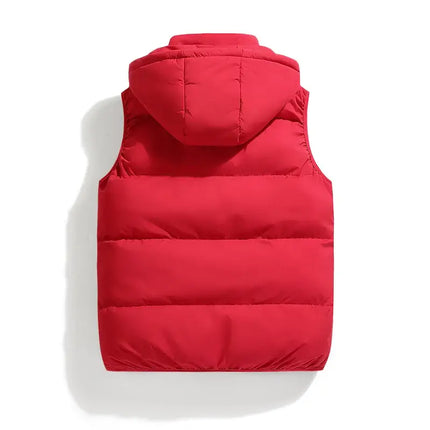 Chaleco ThermoShield rojo sin mangas, capucha desmontable, perfecto para el invierno, campera hombre, diseño moderno y cálido.