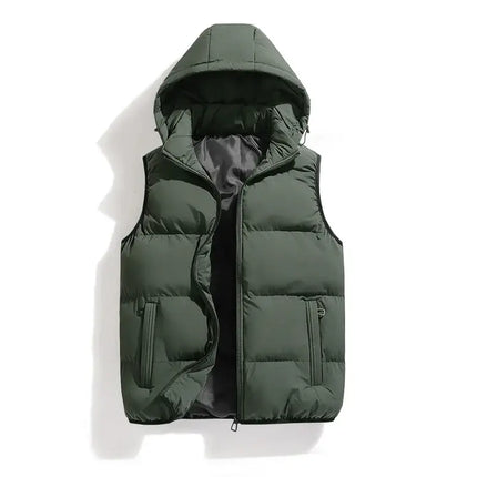 Chaleco ThermoShield verde, sin mangas, capucha desmontable, ideal para hombres en días fríos, diseño moderno, Campera Hombre.