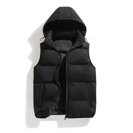 Chaleco ThermoShield negro sin mangas, relleno cálido, con capucha desmontable. Ideal para otoño e invierno. Campera Hombre moderna.