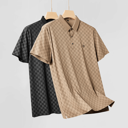 Chomba Griglia Roma para hombres, diseño de cuadros, ligera y deportiva, color beige y negro, ideal para comodidad y estilo moderno.
