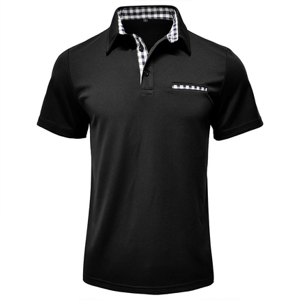 Chomba Hudson Gingham para hombre negro, con detalles de cuadro vichy en el cuello y bolsillo, tejido de algodón de calidad.
