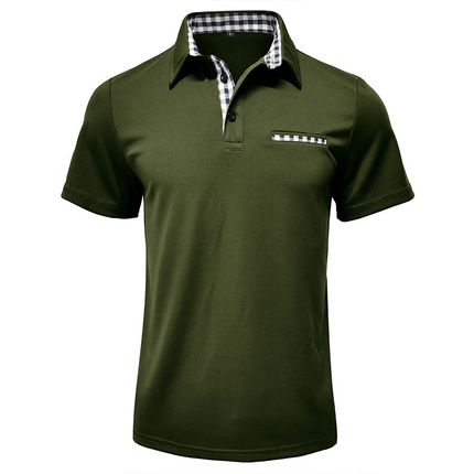 Chomba Hudson Gingham para hombre con diseño vichy en cuello y bolsillo, tejido algodón peinado, color verde oliva elegante.