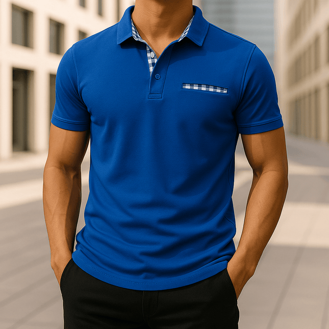 Chomba Hudson Gingham para hombre, azul, tejido en algodón peinado, con detalles de cuadro vichy. Diseño elegante y relajado.