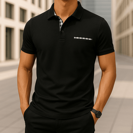 Chomba Hudson Gingham para hombre en algodón peinado negro, detalles de cuadro vichy elegante, ideal para looks relajados.