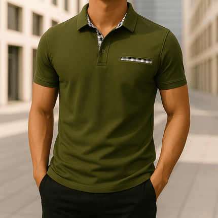 Chomba Hudson Gingham verde oliva para hombre con detalles de cuadros vichy, perfecta para un look elegante y relajado. Chombas hombre.