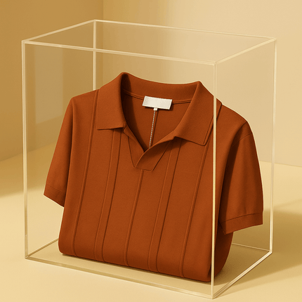 Chomba Kensington para hombre, tejido en rayón, color terracota, con patrón vertical y cuello abierto, ideal para días cálidos.