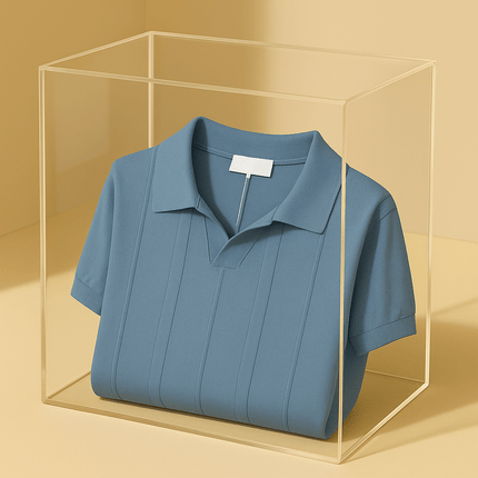 Chomba Kensington azul para hombre, elaborada en mezcla de rayón transpirable, con diseño de líneas verticales y cuello abierto elegante.
