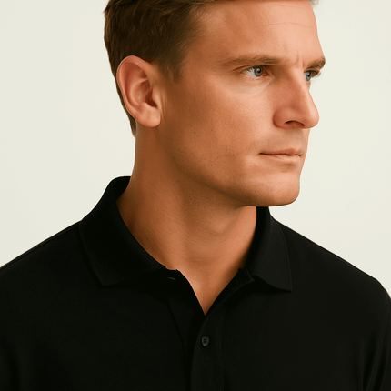 Hombre vistiendo chomba Pima Perú clásica negra, ideal para un estilo elegante y casual. Chombas hombre de alta calidad.