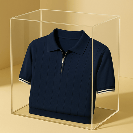 Chomba Salerno Knit para hombre en caja, color azul con rayas texturizadas y detalles en mangas, mezcla de algodón y rayón.