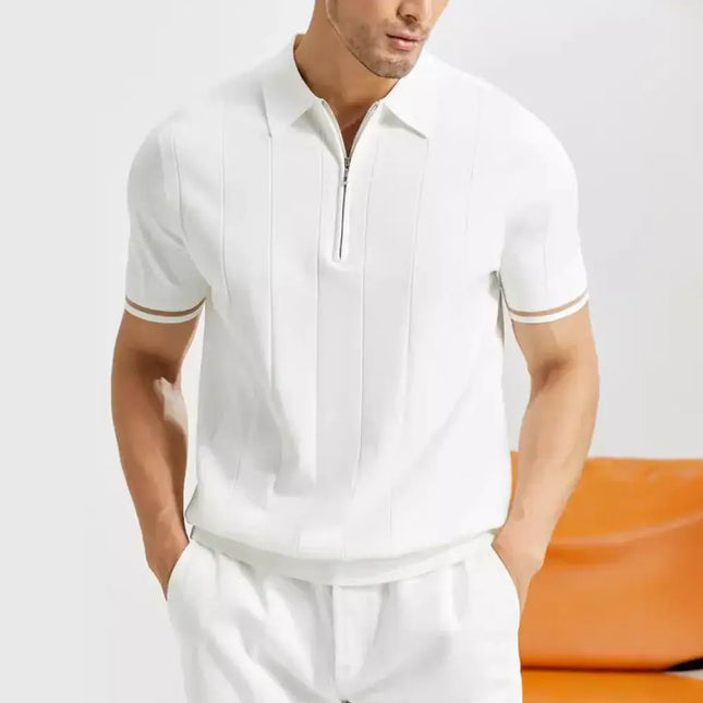 Chomba Salerno Knit blanca para hombre con rayas y cierres, mezcla de algodón y rayón, ideal para estilo casual y elegante. Chombas hombre.