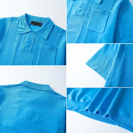 Chomba Sorrento azul para hombre, tejido ligero y suave con bolsillo en pecho, estilo entallado para máximo confort y ventilación.