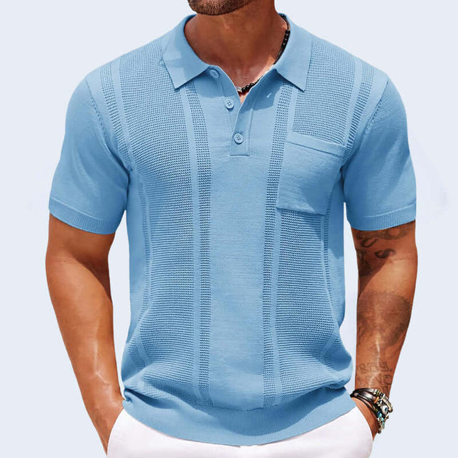 Chomba Sorrento azul para hombre con paneles transpirables y bolsillo en el pecho, mezcla de algodón, corte entallado. Moda confortable.
