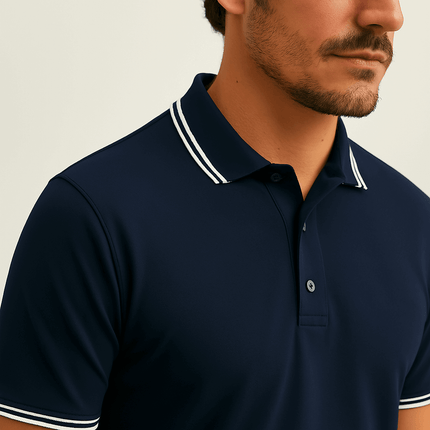 Chomba Swiss Class hombre azul marino, elegancia y confort, diseño moderno, ideal para estilo casual elegante