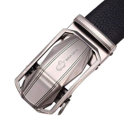 Close-up of Bison Luxury genuine leather belt with sleek metal buckle design, showcasing premium quality craftsmanship.