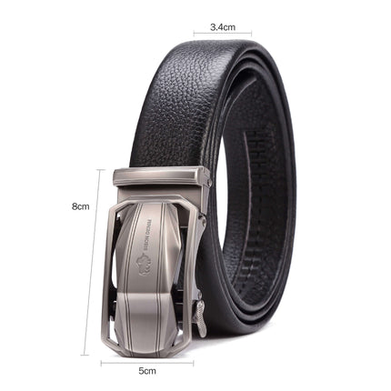 Elegant Bison Luxury genuine leather belt with metal buckle, featuring precise measurements for a perfect fit, 3.4cm wide and 5cm buckle.