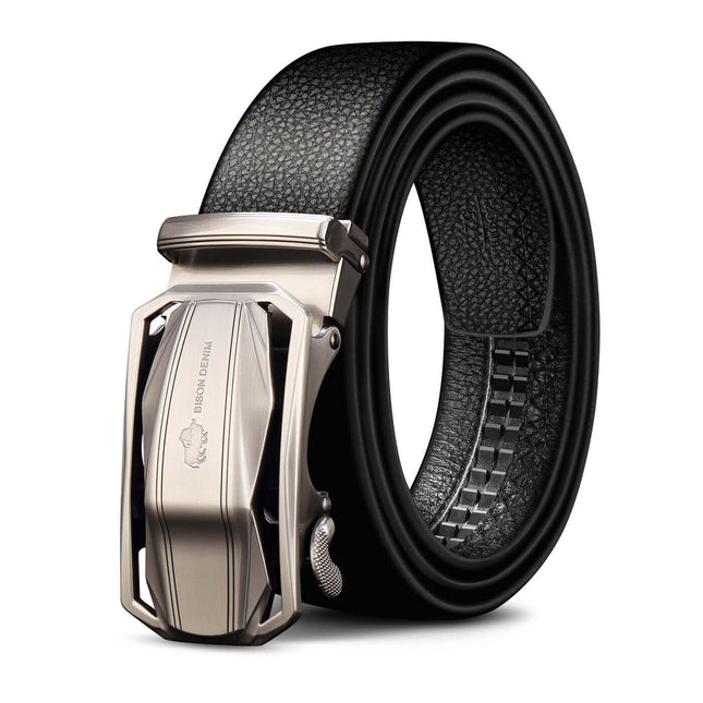 Luxurious Bison leather belt featuring a sleek metal buckle, perfect for adding sophistication to any outfit.