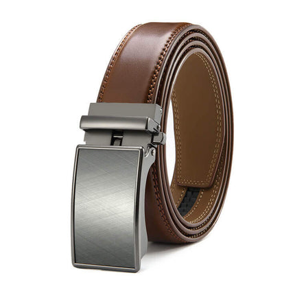 Cinto de Cuero Genuino Swiss Elegance en marrón con hebilla metálica, perfecto para un look sofisticado y sobrio.