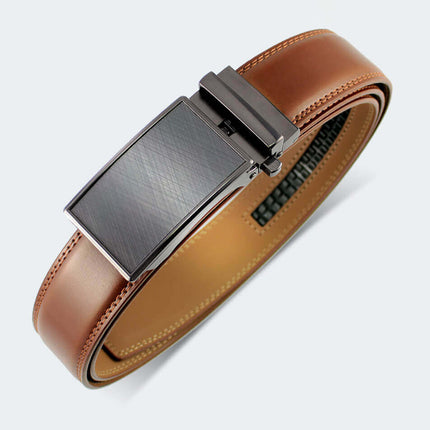 Cinto de Cuero Genuino Swiss Elegance - cinturón elegante de cuero marrón con hebilla moderna, inspirado en la sobriedad suiza.