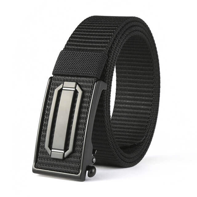 Sleek black Cinto John Karlo belt with stylish buckle, perfect for modern fashion. Versatile accessory for any outfit.