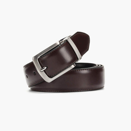 Dark brown leather belt with silver buckle, Cinto William Elegance, perfect for formal and casual outfits.