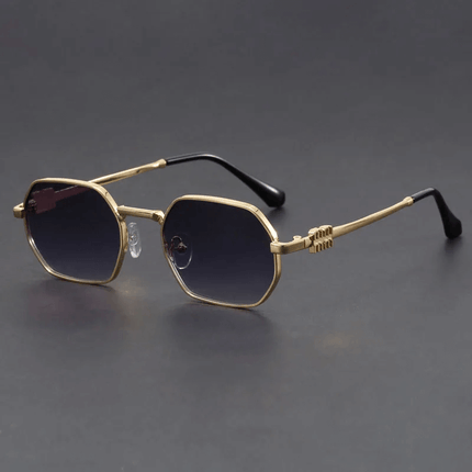 Gafas de sol hombre Aureon de diseño futurista y marco dorado, lentes hexagonales tintados para protección UV400 y estilo audaz.