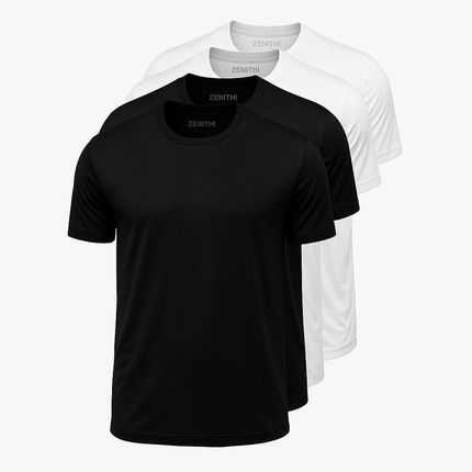 Kit de 4 remeras de hombre en 100% algodón, 2 negras y 2 blancas, tallas S a XXXL, ideal para trabajo, salidas o deporte.